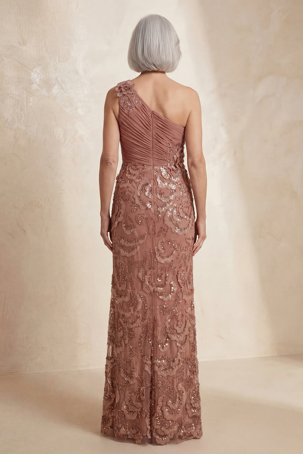 Sparkly Desert Rose One Shoulder Long Mother Of the Bride Dress with Flowers