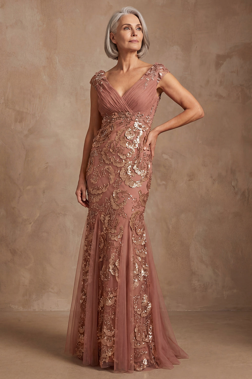 Sparkly Desert Rose V Neck Beaded Mermaid Long Mother of the Bride Dress