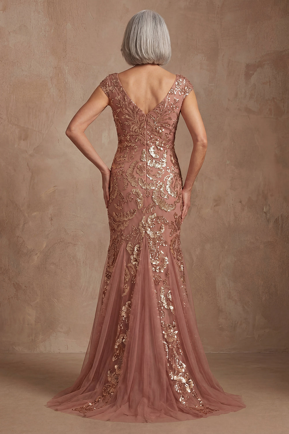 Sparkly Desert Rose V Neck Beaded Mermaid Long Mother of the Bride Dress