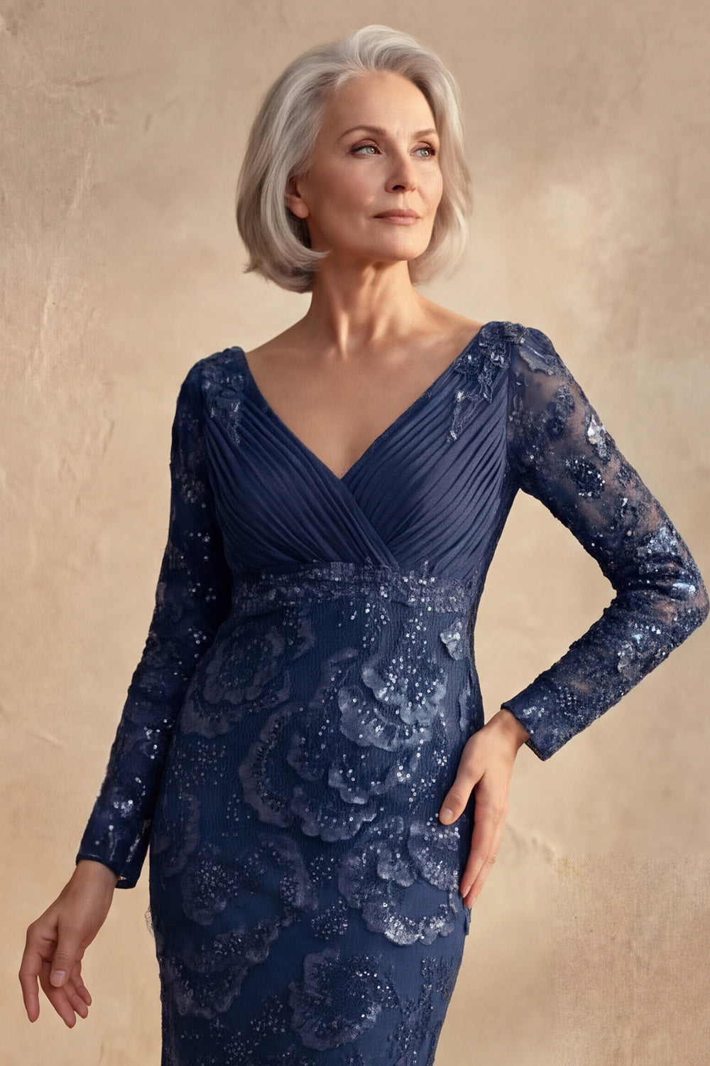 Sparkly Navy V Neck Beaded Floral Long Sleeves Mother of the Bride Dress