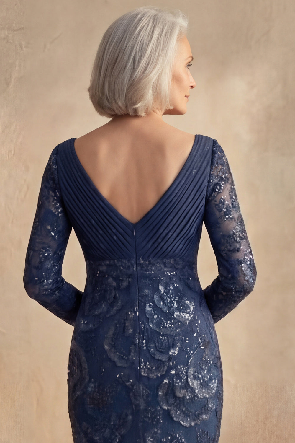 Sparkly Navy V Neck Beaded Floral Long Sleeves Mother of the Bride Dress