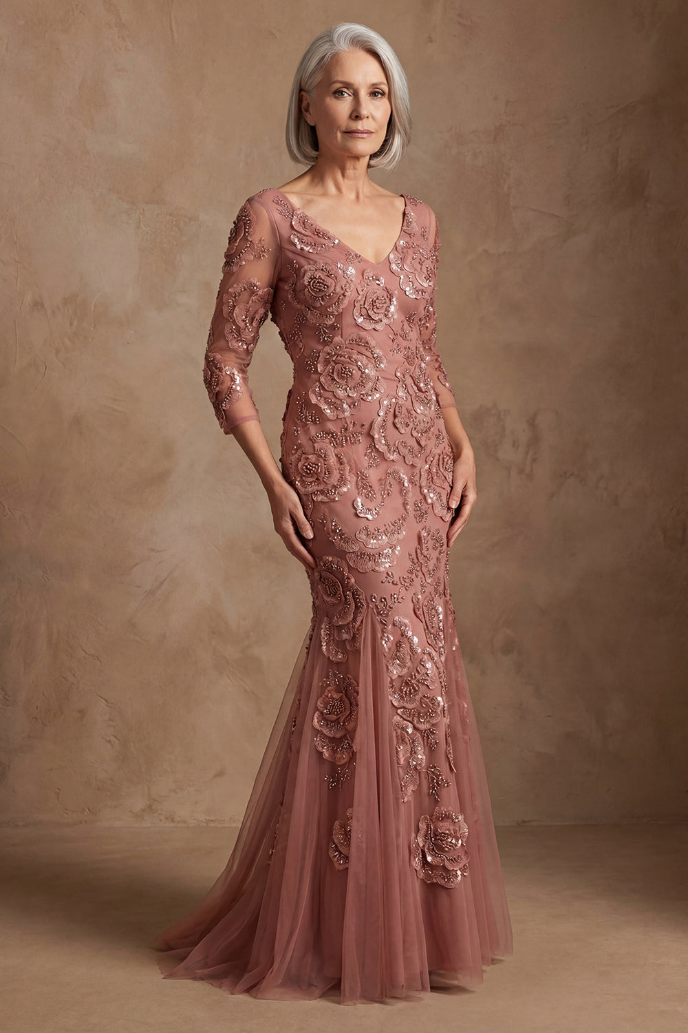 Floral Navy Beaded Mermaid Long Lace Mother of the Bride Dress with Sleeves