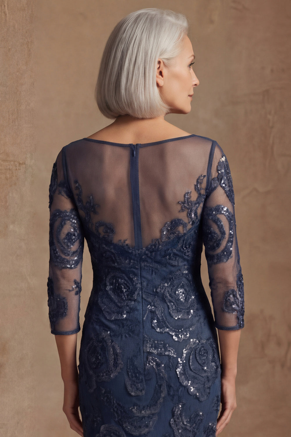 Floral Navy Beaded Mermaid Long Lace Mother of the Bride Dress with Sleeves