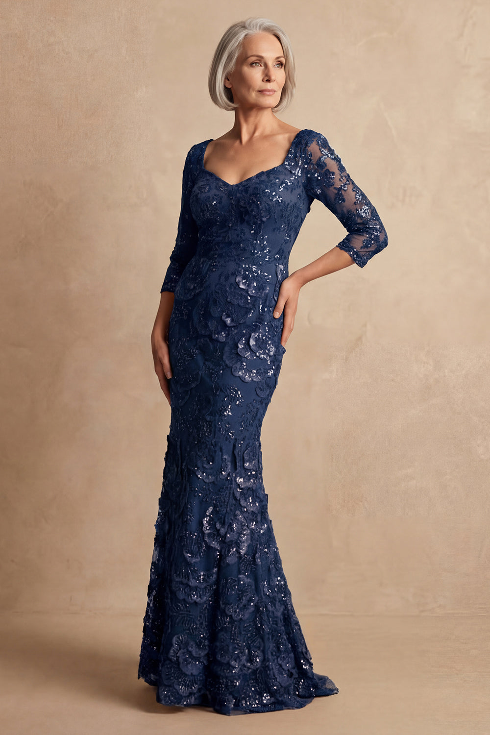 Sparkly Navy Mermaid Long Floral Mother of the Bride Dress with Sleeves