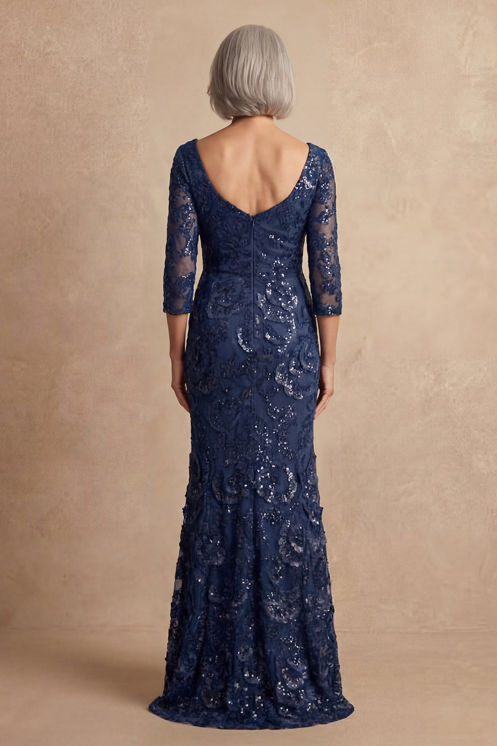 Sparkly Navy Mermaid Long Floral Mother of the Bride Dress with Sleeves