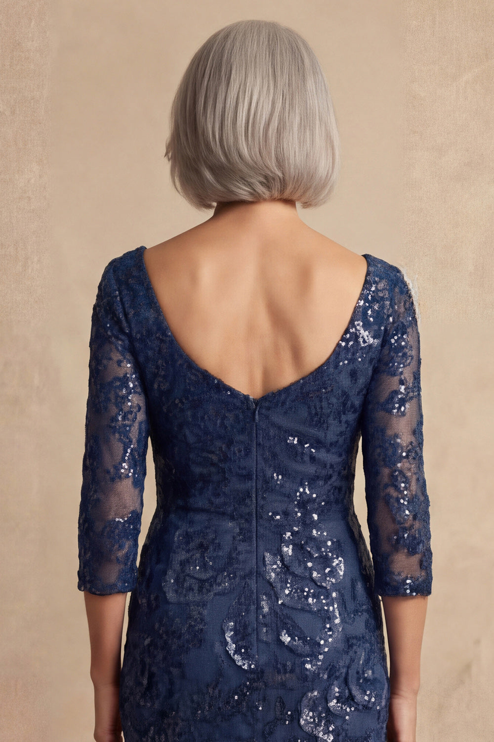 Sparkly Navy Mermaid Long Floral Mother of the Bride Dress with Sleeves