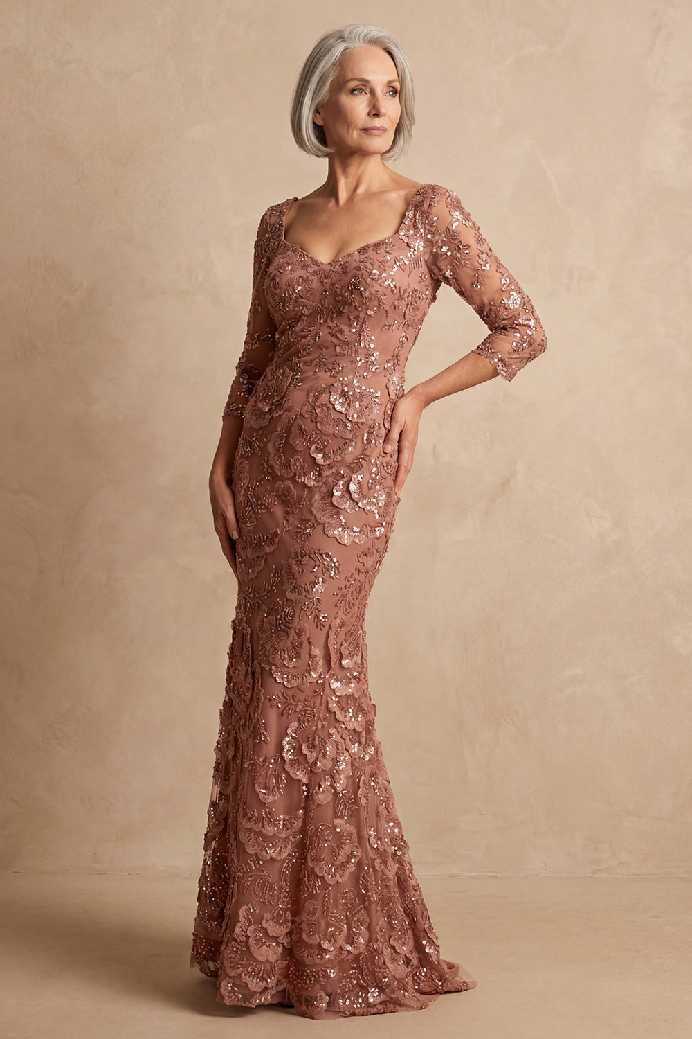 Sparkly Navy Mermaid Long Floral Mother of the Bride Dress with Sleeves