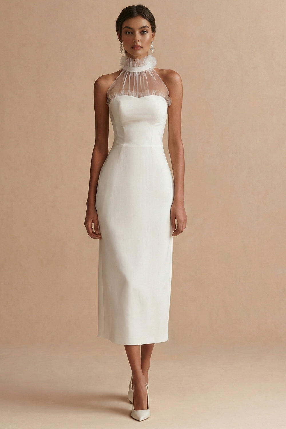 White Ruffled Round Neck Sheath Maxi Graduation Dress