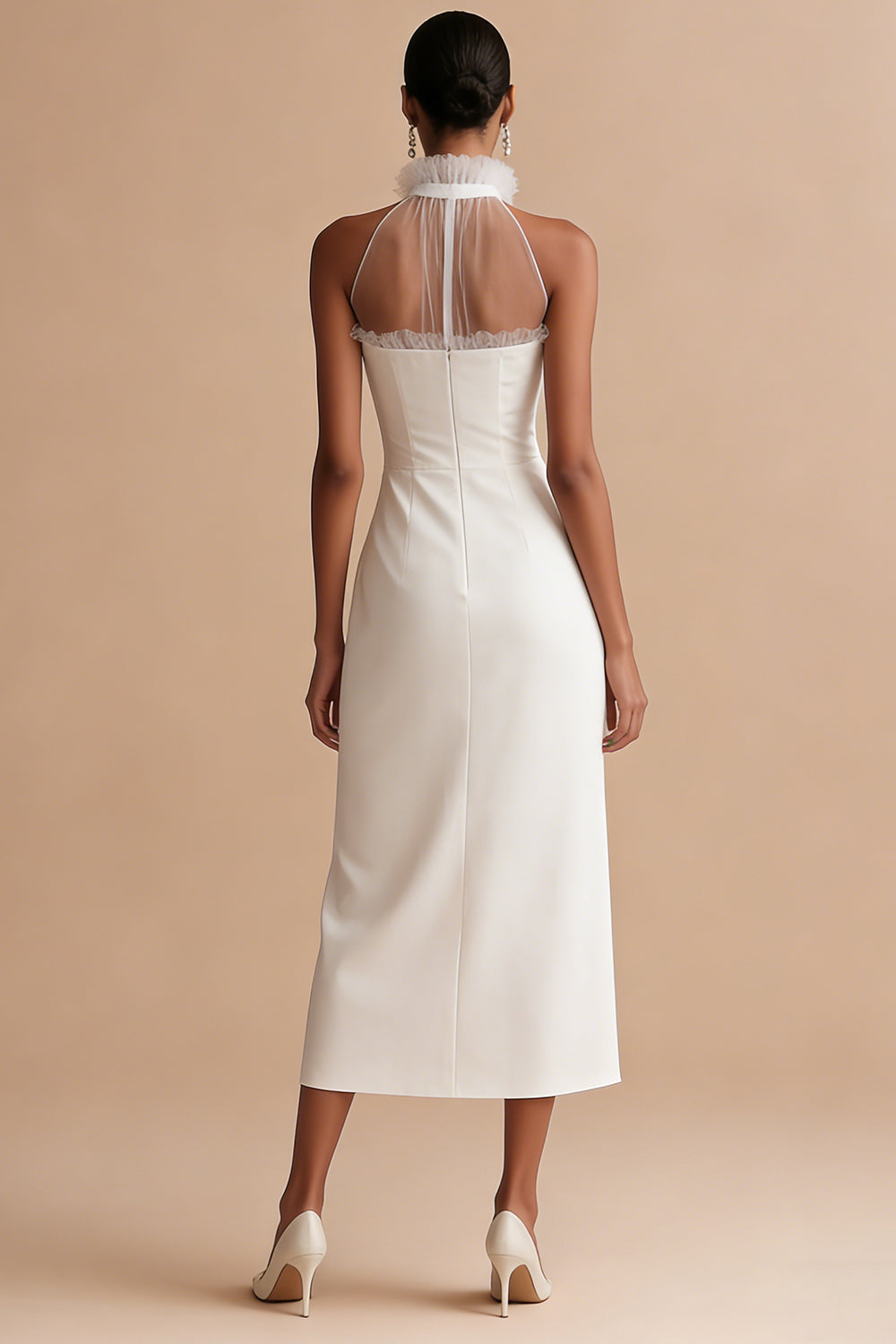White Ruffled Round Neck Sheath Maxi Graduation Dress