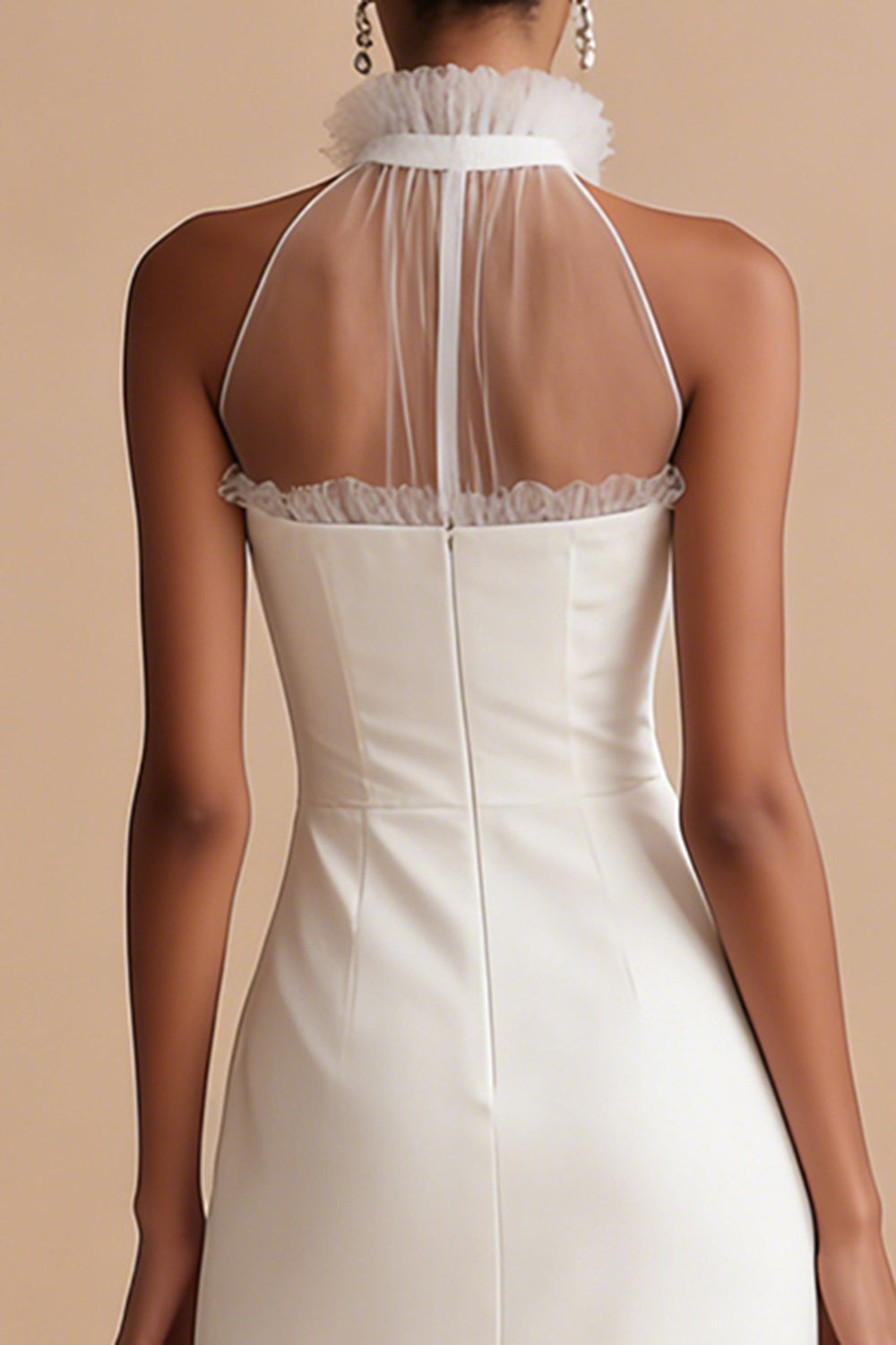 White Ruffled Round Neck Sheath Maxi Graduation Dress