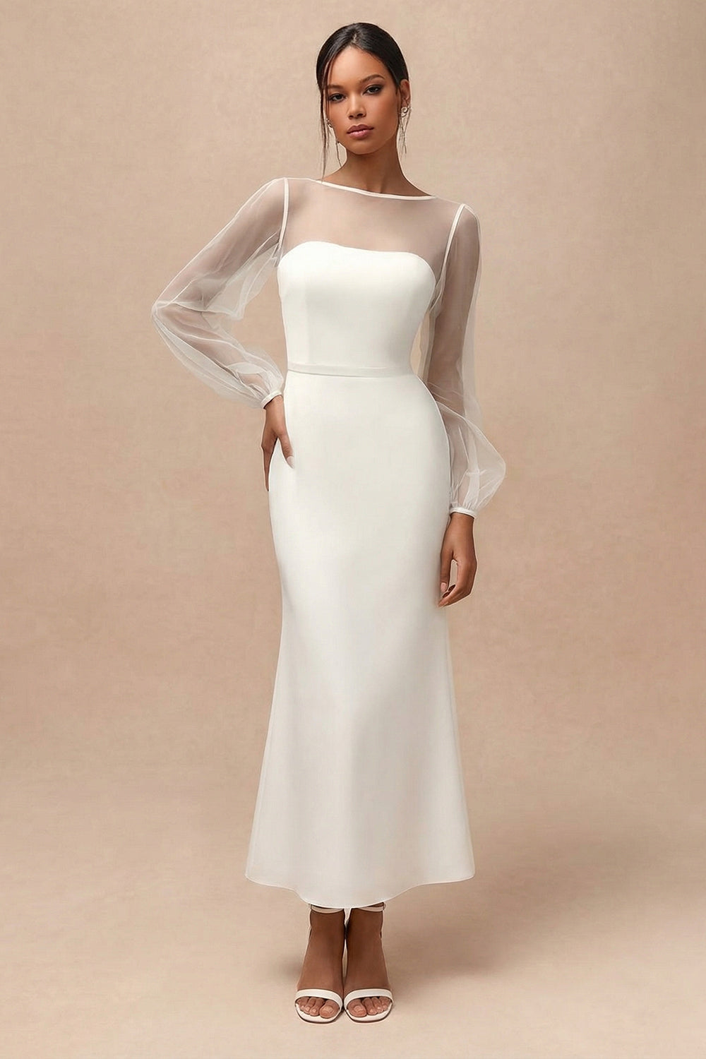 White Mermaid Bateau Neck Long Engagement Dress with Sleeves