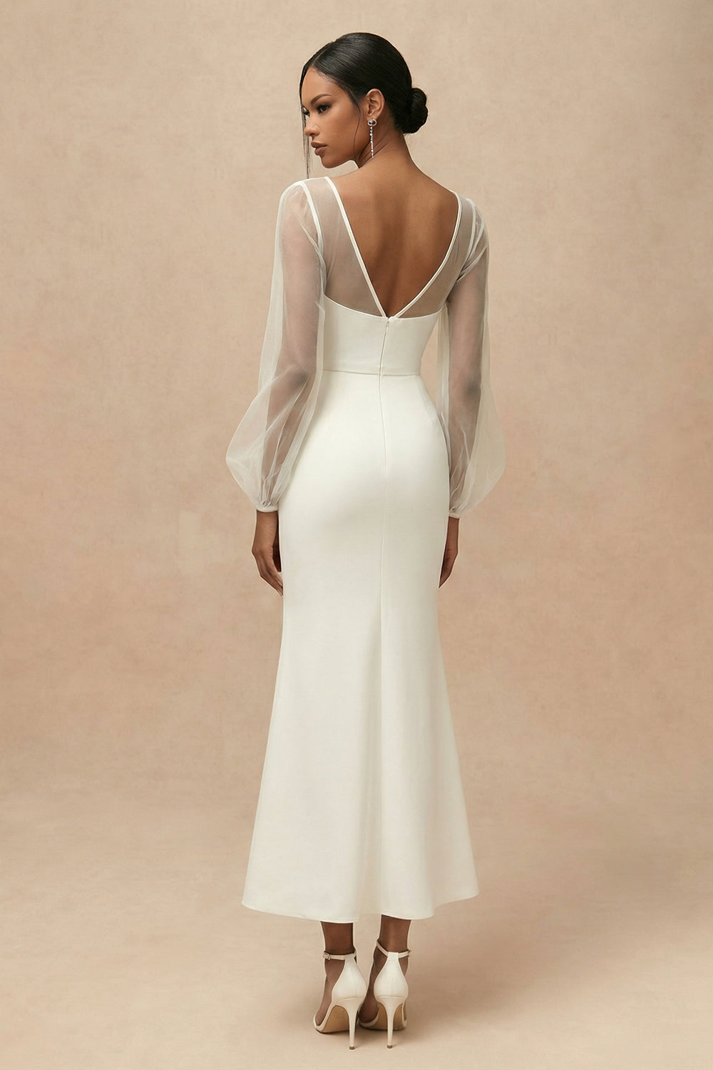 White Mermaid Bateau Neck Long Engagement Dress with Sleeves