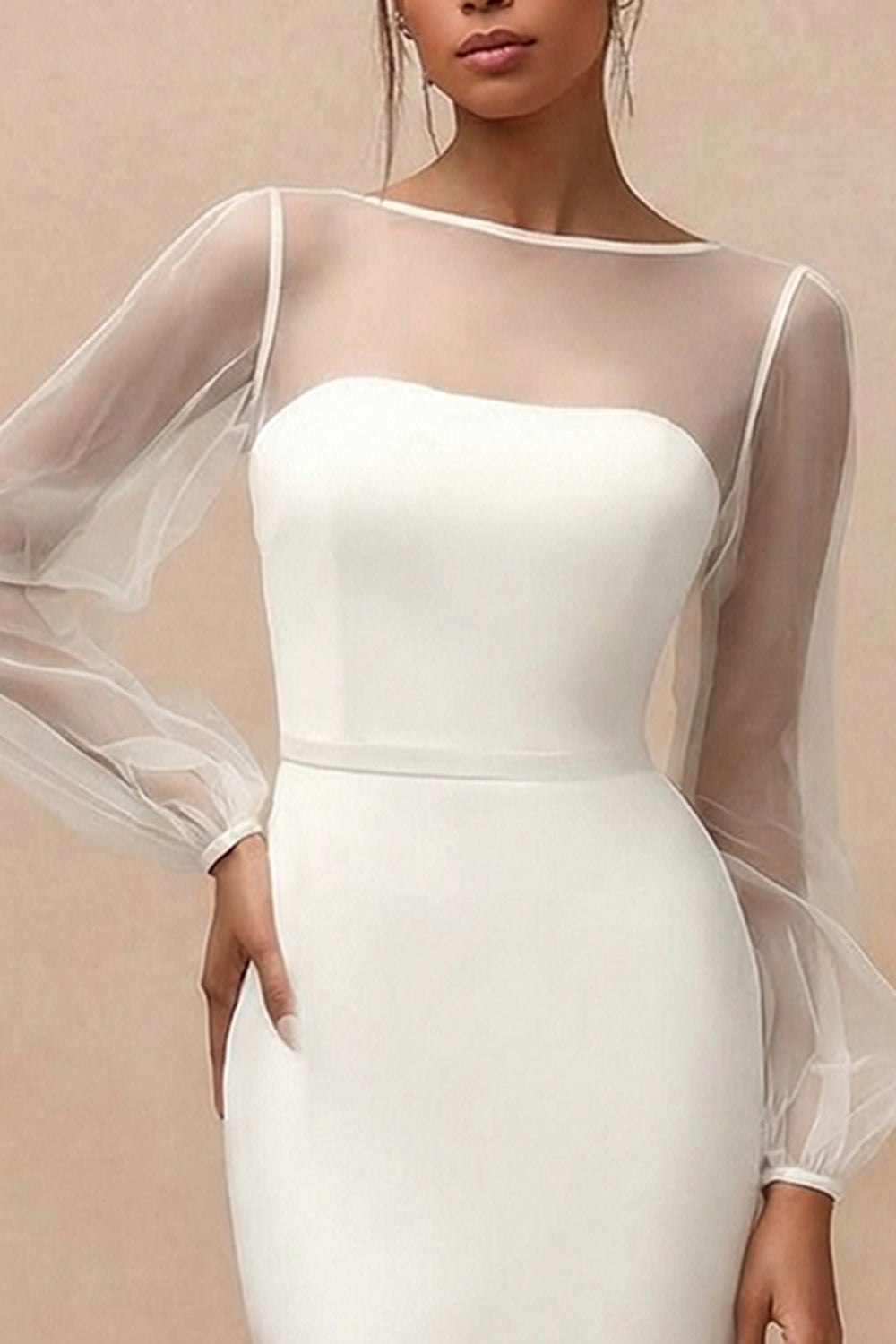 White Mermaid Bateau Neck Long Engagement Dress with Sleeves