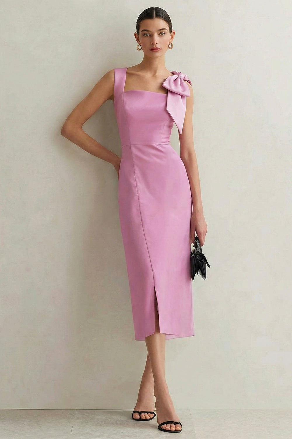 White Square Neck Bodycon Midi Engagement Dress with Bow