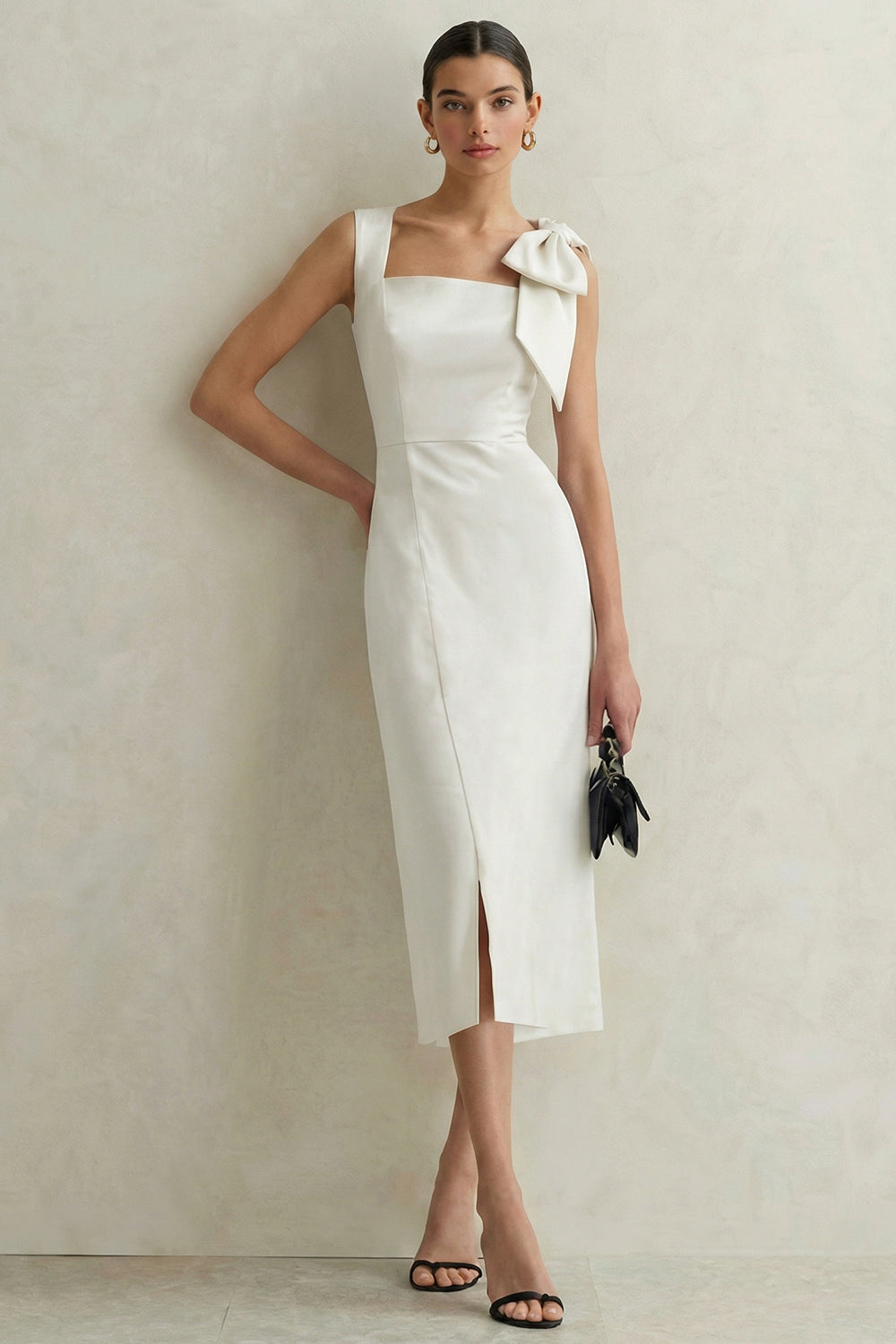 White Square Neck Bodycon Midi Engagement Dress with Bow