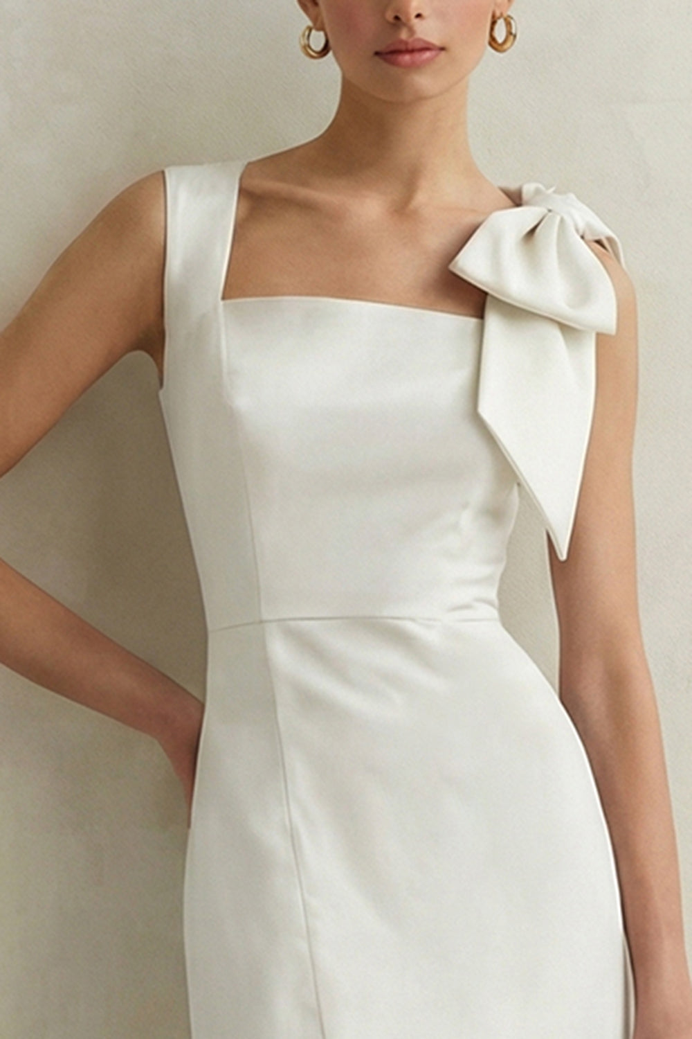 White Square Neck Bodycon Midi Engagement Dress with Bow