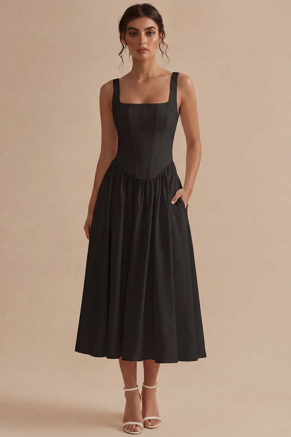 White Basque Waist Square Neck Maxi Corset Engagement Dress