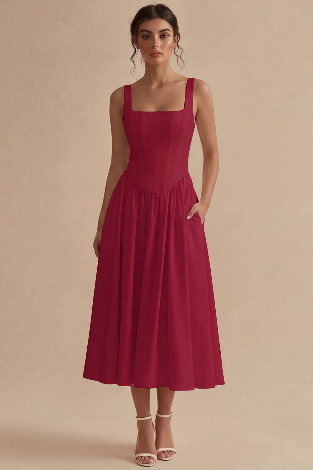 White Basque Waist Square Neck Maxi Corset Engagement Dress