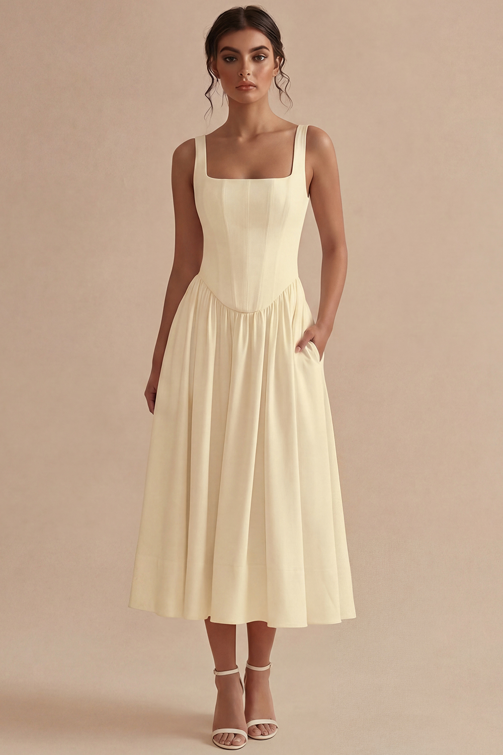 White Basque Waist Square Neck Maxi Corset Engagement Dress