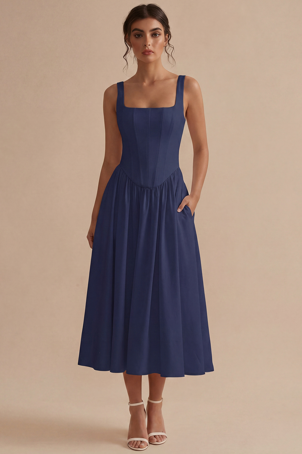White Basque Waist Square Neck Maxi Corset Engagement Dress