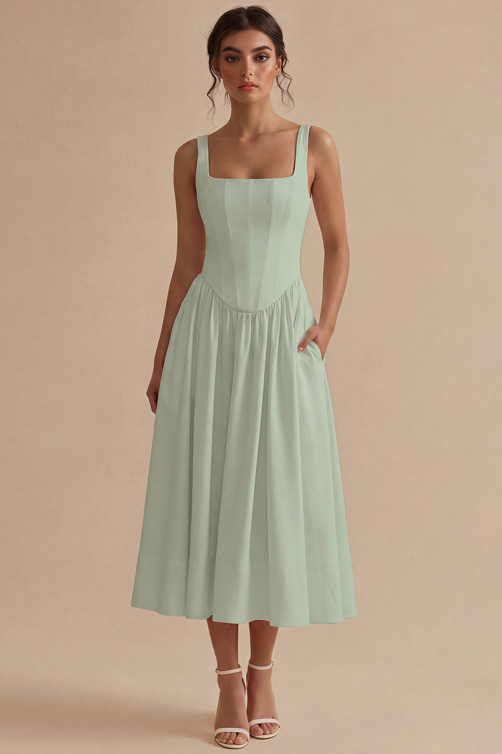 White Basque Waist Square Neck Maxi Corset Engagement Dress