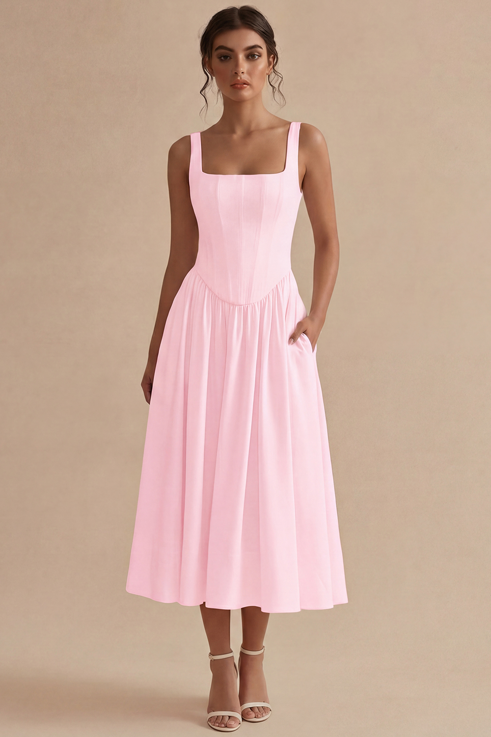 White Basque Waist Square Neck Maxi Corset Engagement Dress