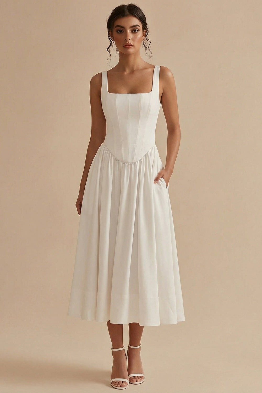 White Basque Waist Square Neck Maxi Corset Engagement Dress