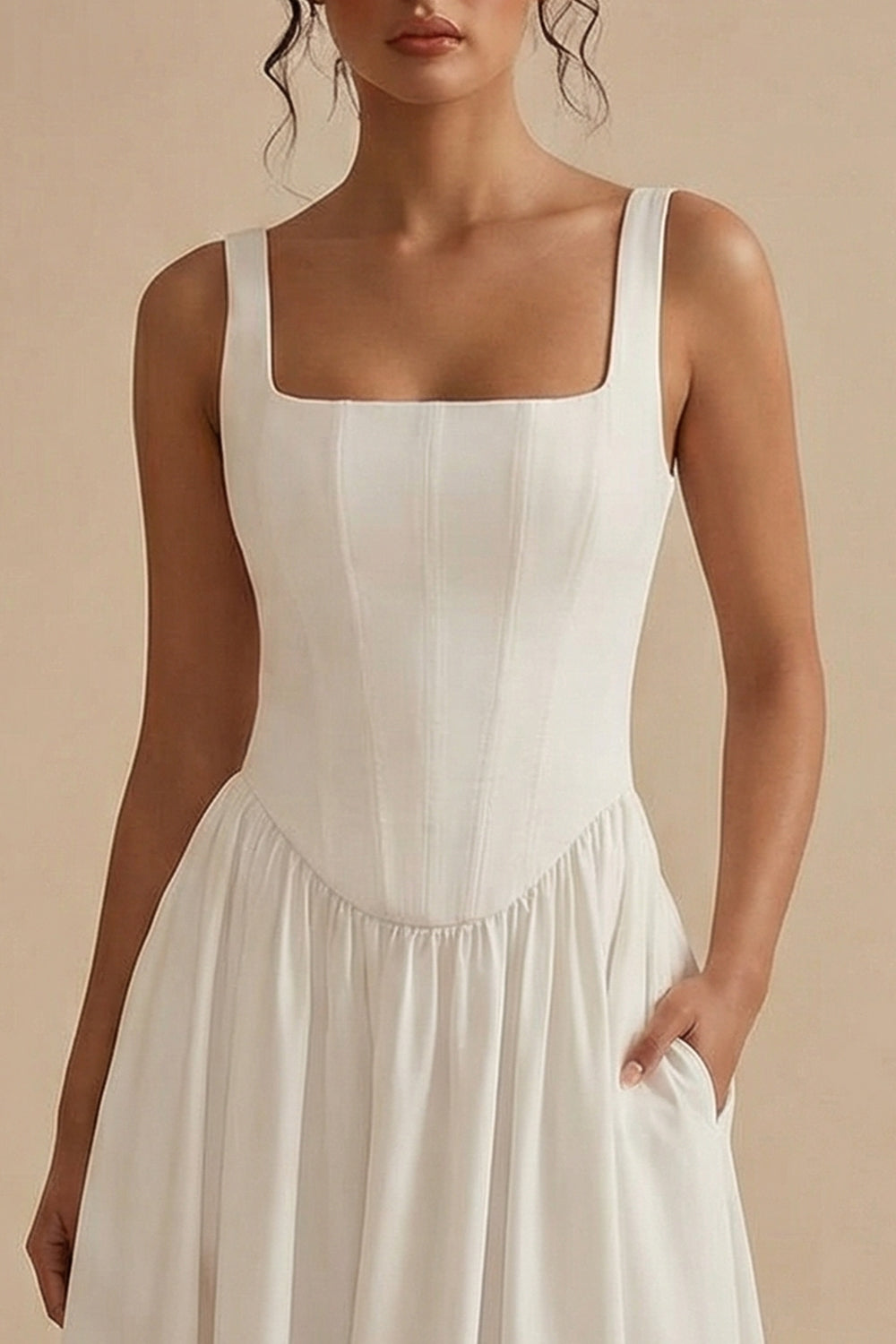 White Basque Waist Square Neck Maxi Corset Engagement Dress