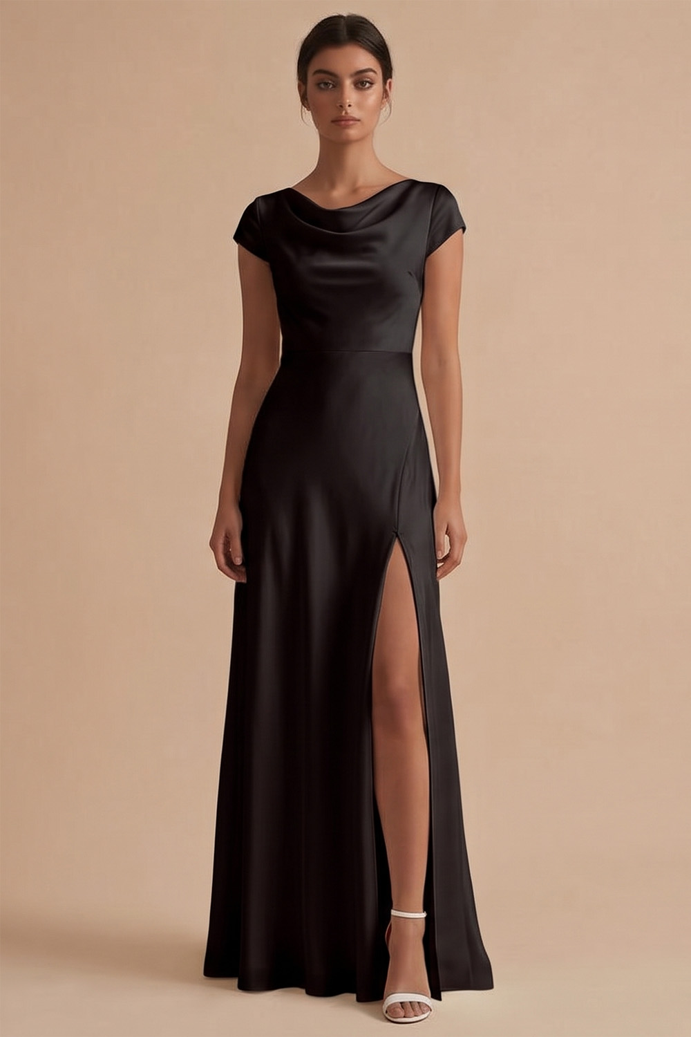 White Sheath Cowl Neck Long Engagement Dress with Slit