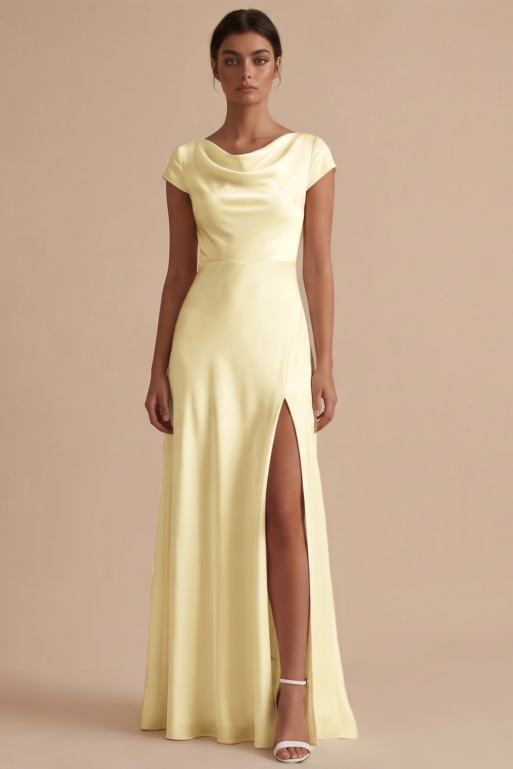 White Sheath Cowl Neck Long Engagement Dress with Slit