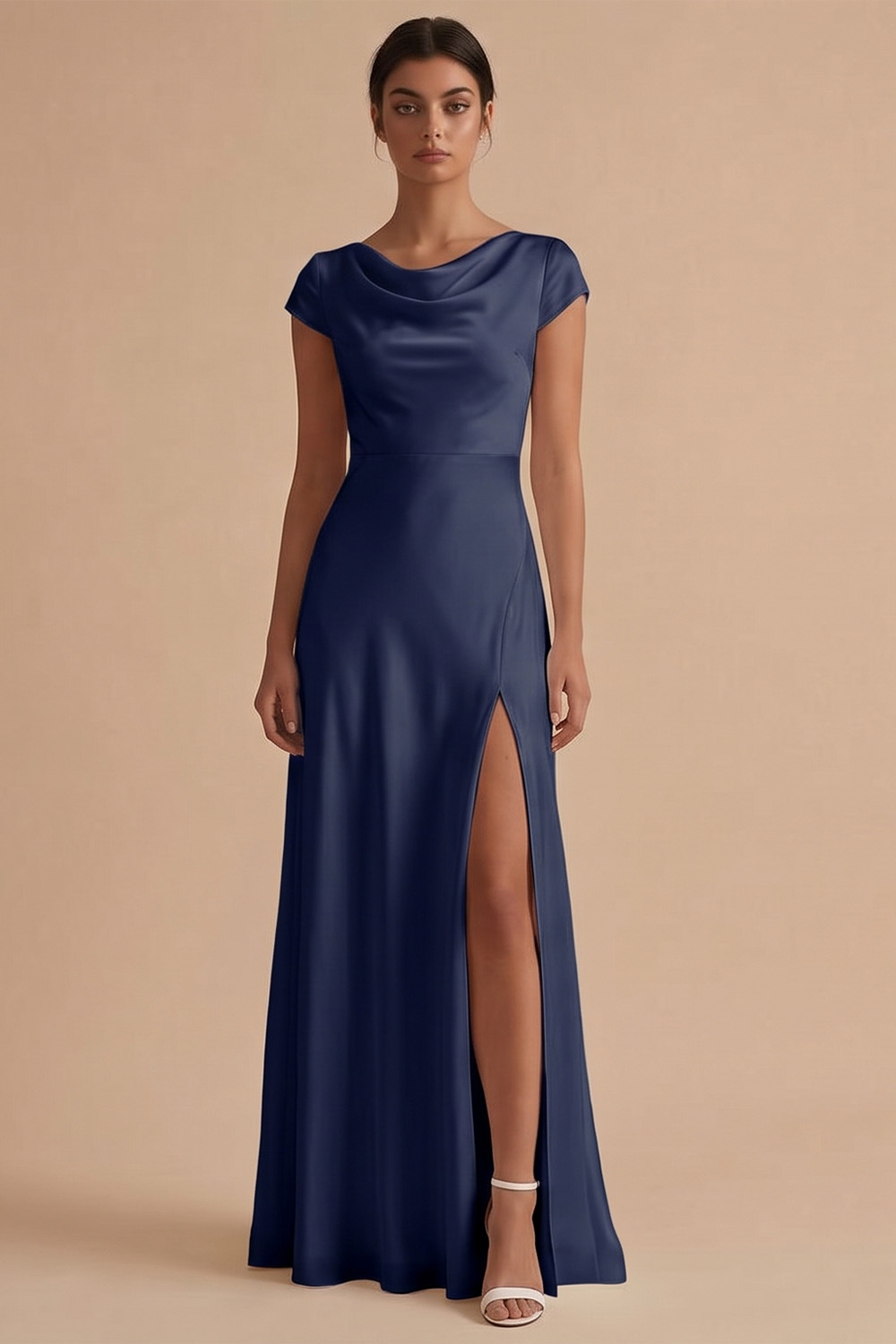 White Sheath Cowl Neck Long Engagement Dress with Slit