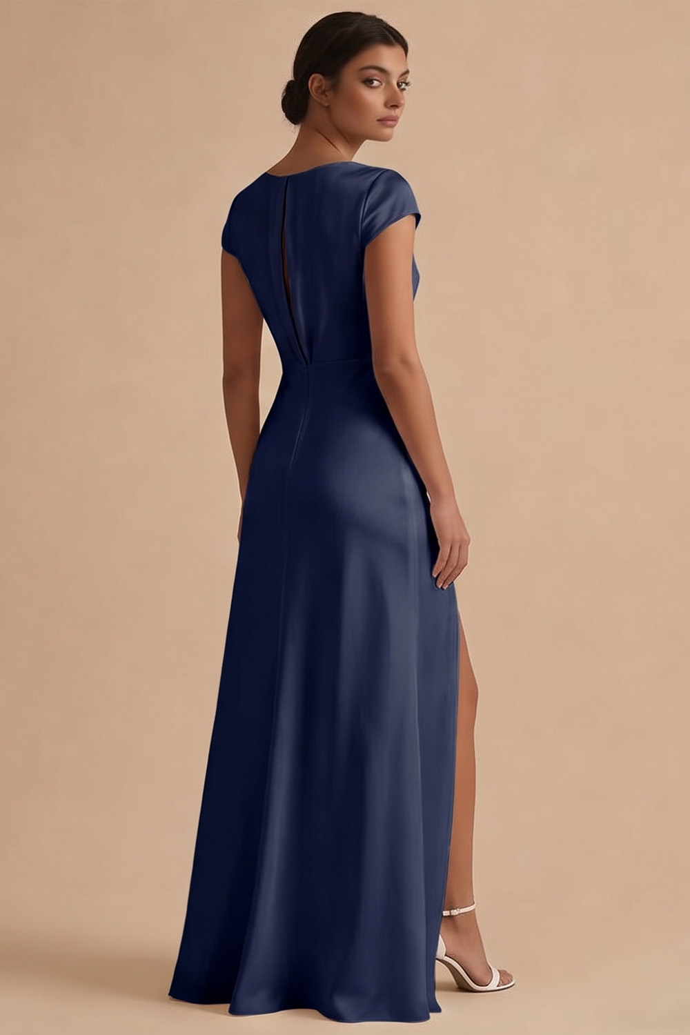 White Sheath Cowl Neck Long Engagement Dress with Slit
