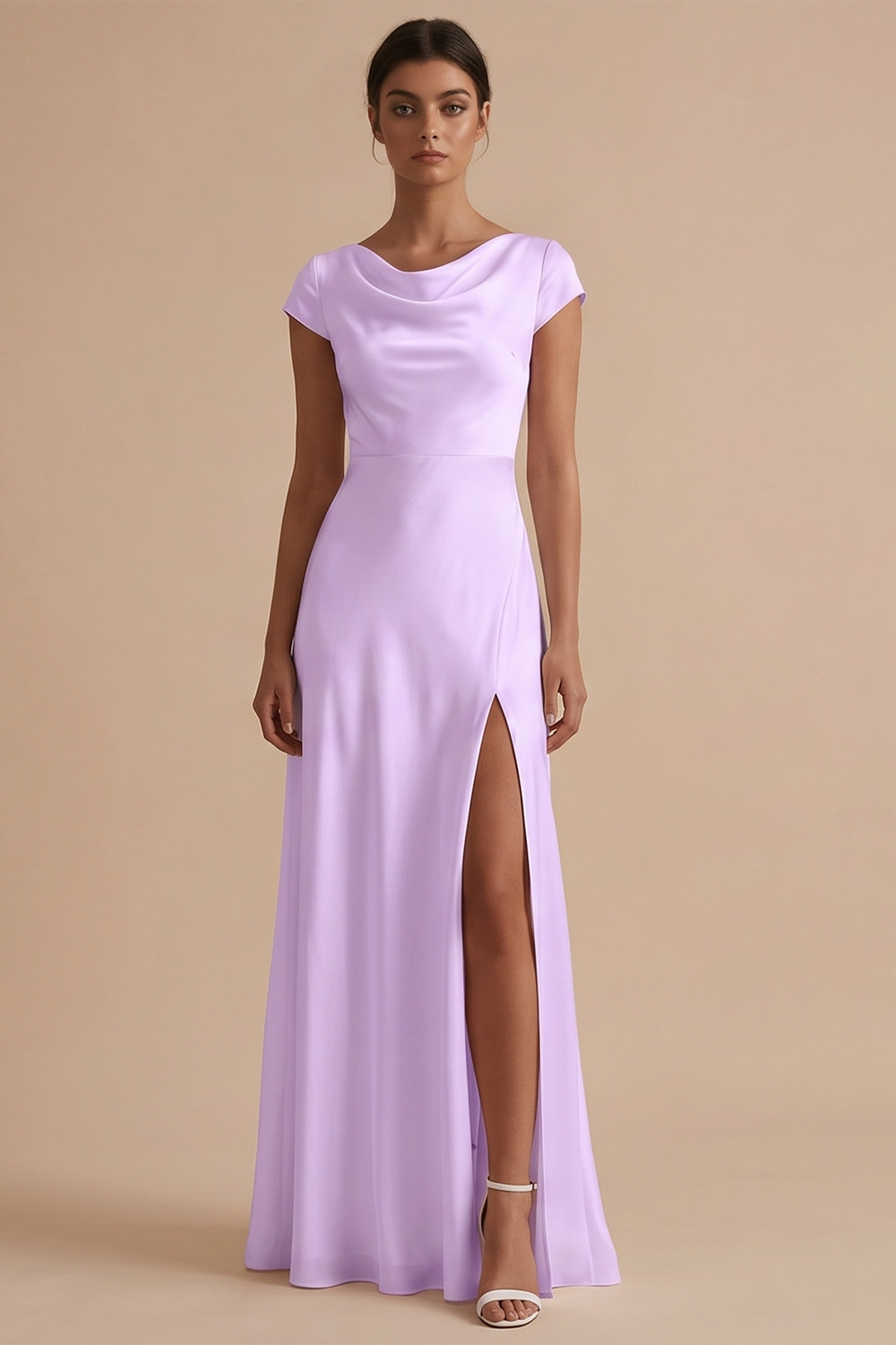 White Sheath Cowl Neck Long Engagement Dress with Slit
