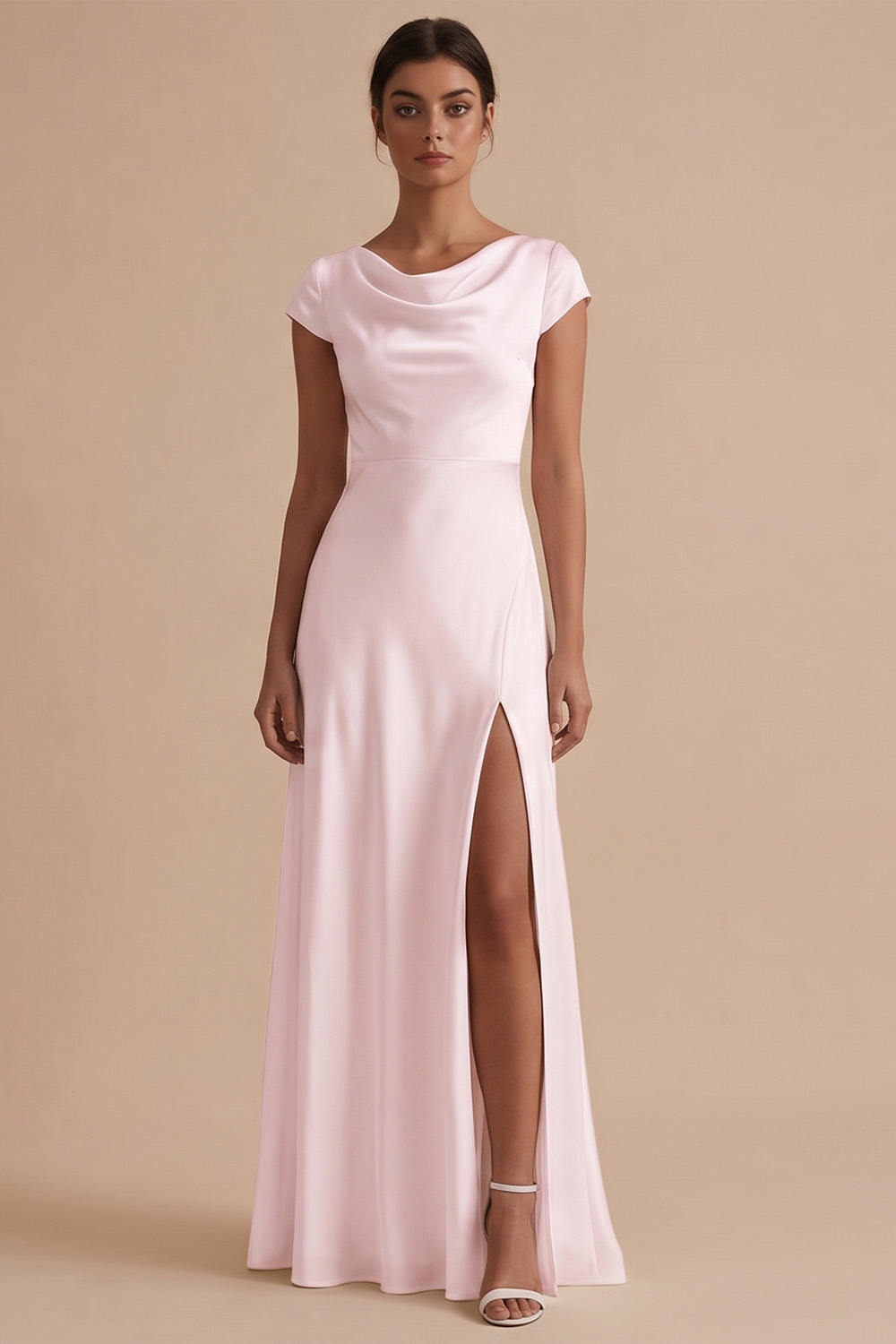 White Sheath Cowl Neck Long Engagement Dress with Slit