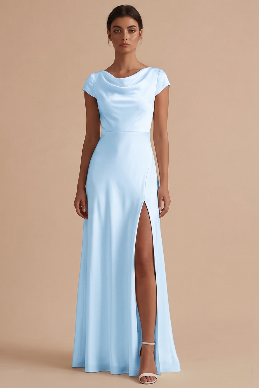 White Sheath Cowl Neck Long Engagement Dress with Slit