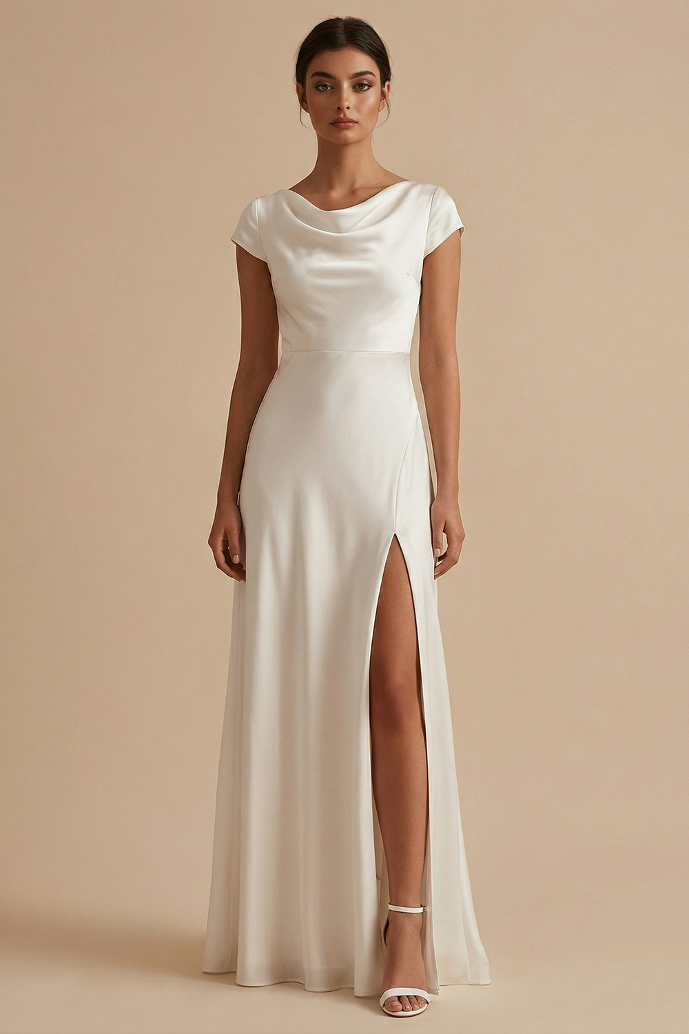 Hellymoon Women White Satin Long Engagement Dress Cap Sleeves Cowl Neck Sheath Reception Dress with Slit