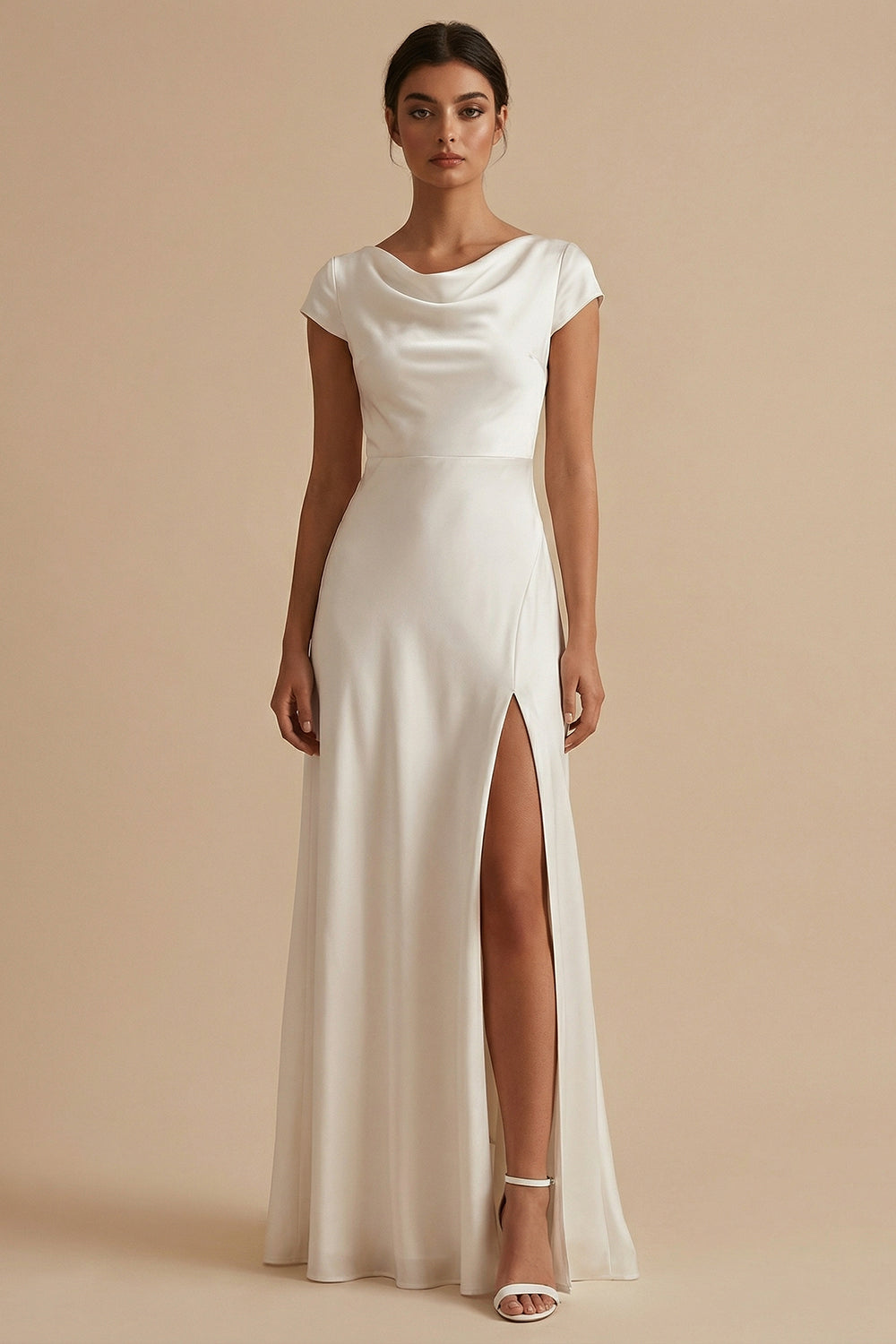 White Sheath Cowl Neck Long Engagement Dress with Slit