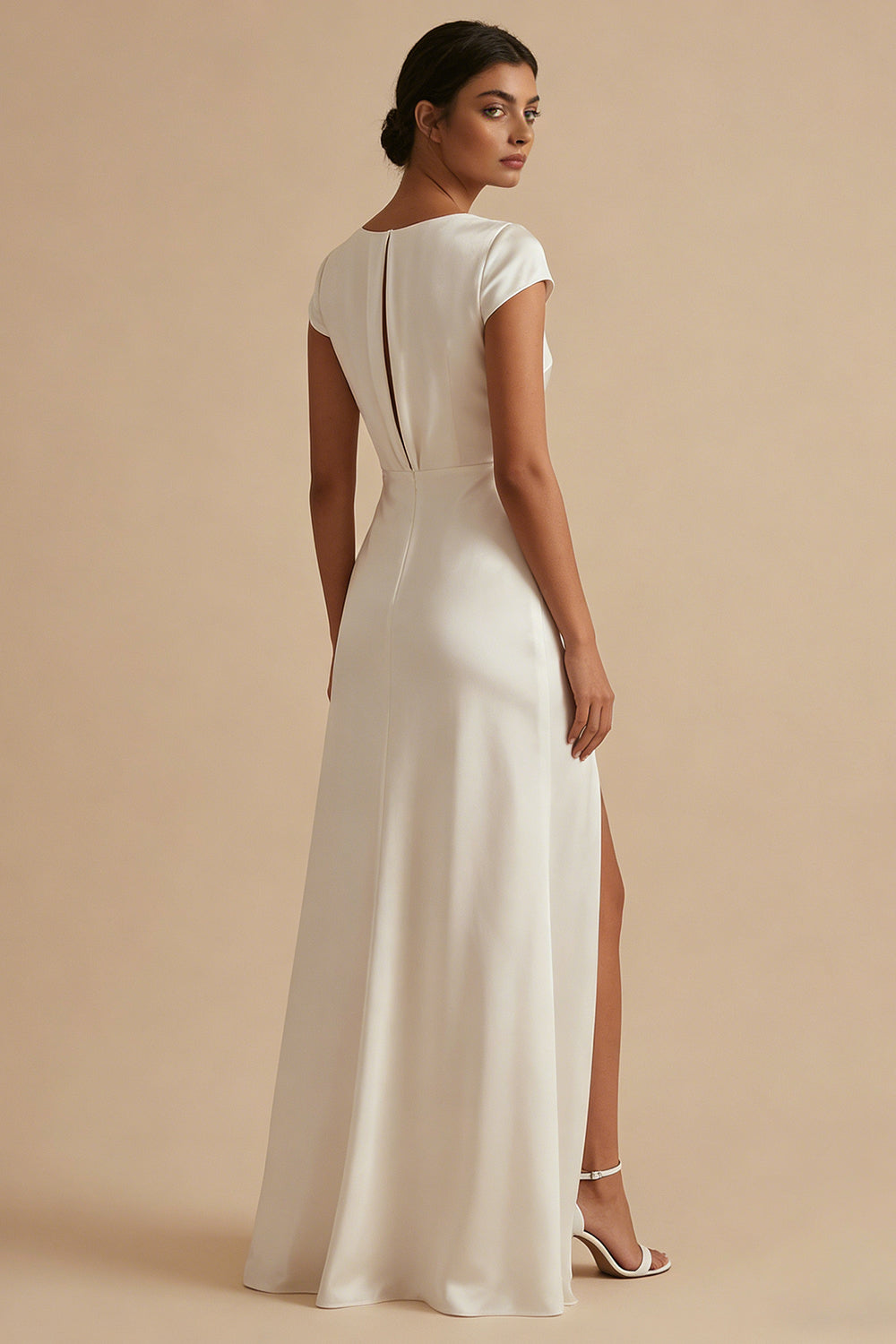 White Sheath Cowl Neck Long Engagement Dress with Slit