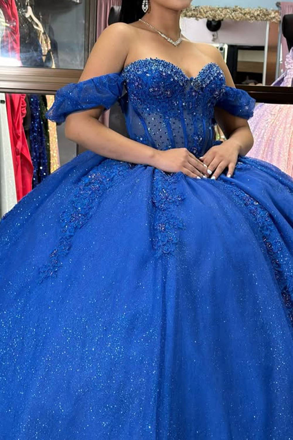 Glitter Royal Blue Off the Shoulder Beaded Long Corset Quinceanera Dress with Appliques