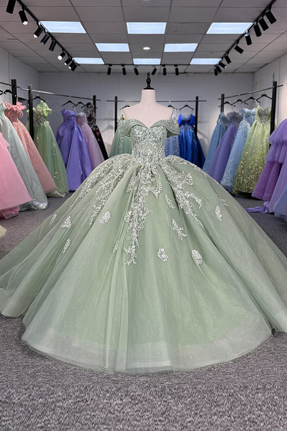 Glitter Green Tulle Floral Long Off the Shoulder Quinceanera Dress with Appliques