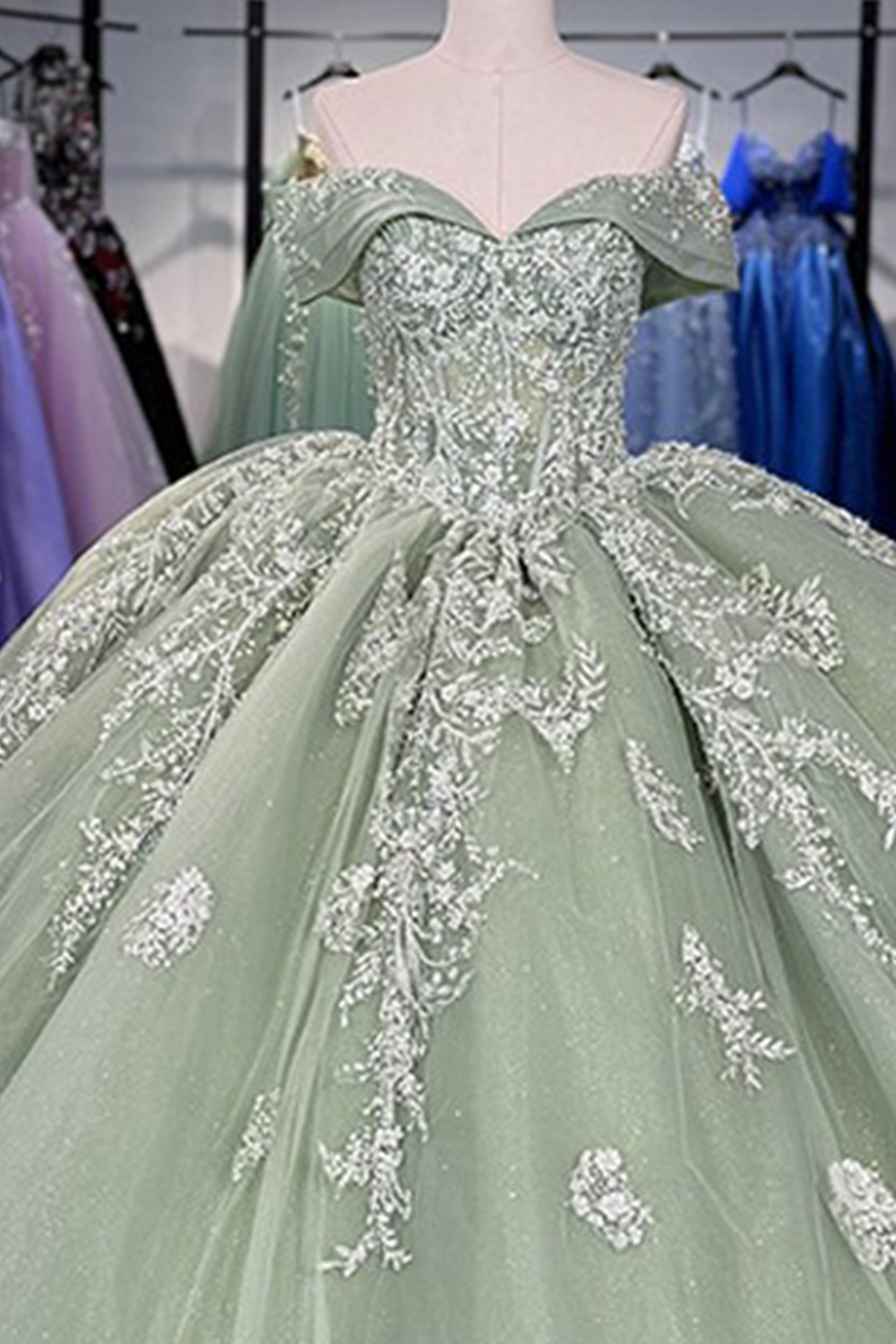 Glitter Green Tulle Floral Long Off the Shoulder Quinceanera Dress with Appliques