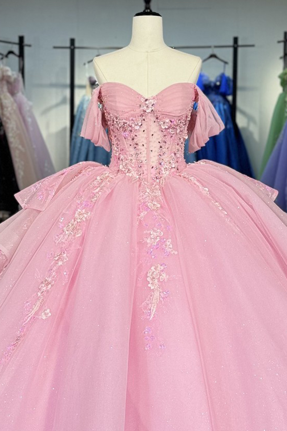 Glitter Pink Corset Tulle Floral Long Quinceanera Dress with Ruffles