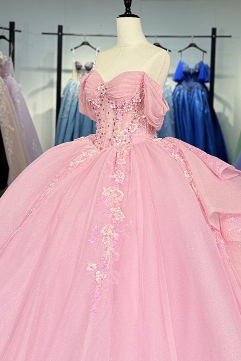 Glitter Pink Corset Tulle Floral Long Quinceanera Dress with Ruffles