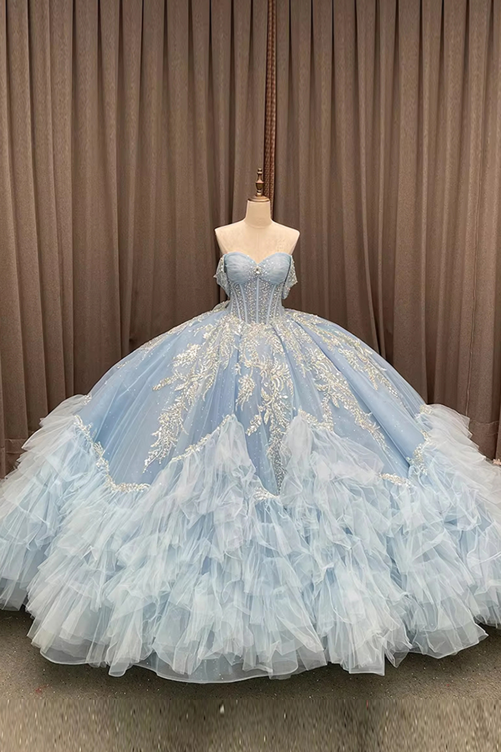 Sparkly Light Blue Corset Beaded Long Off the Shoulder Quinceanera Dress with Appliques