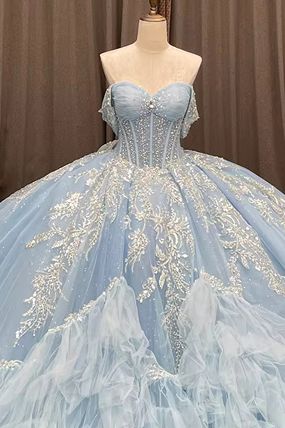 Sparkly Light Blue Corset Beaded Long Off the Shoulder Quinceanera Dress with Appliques