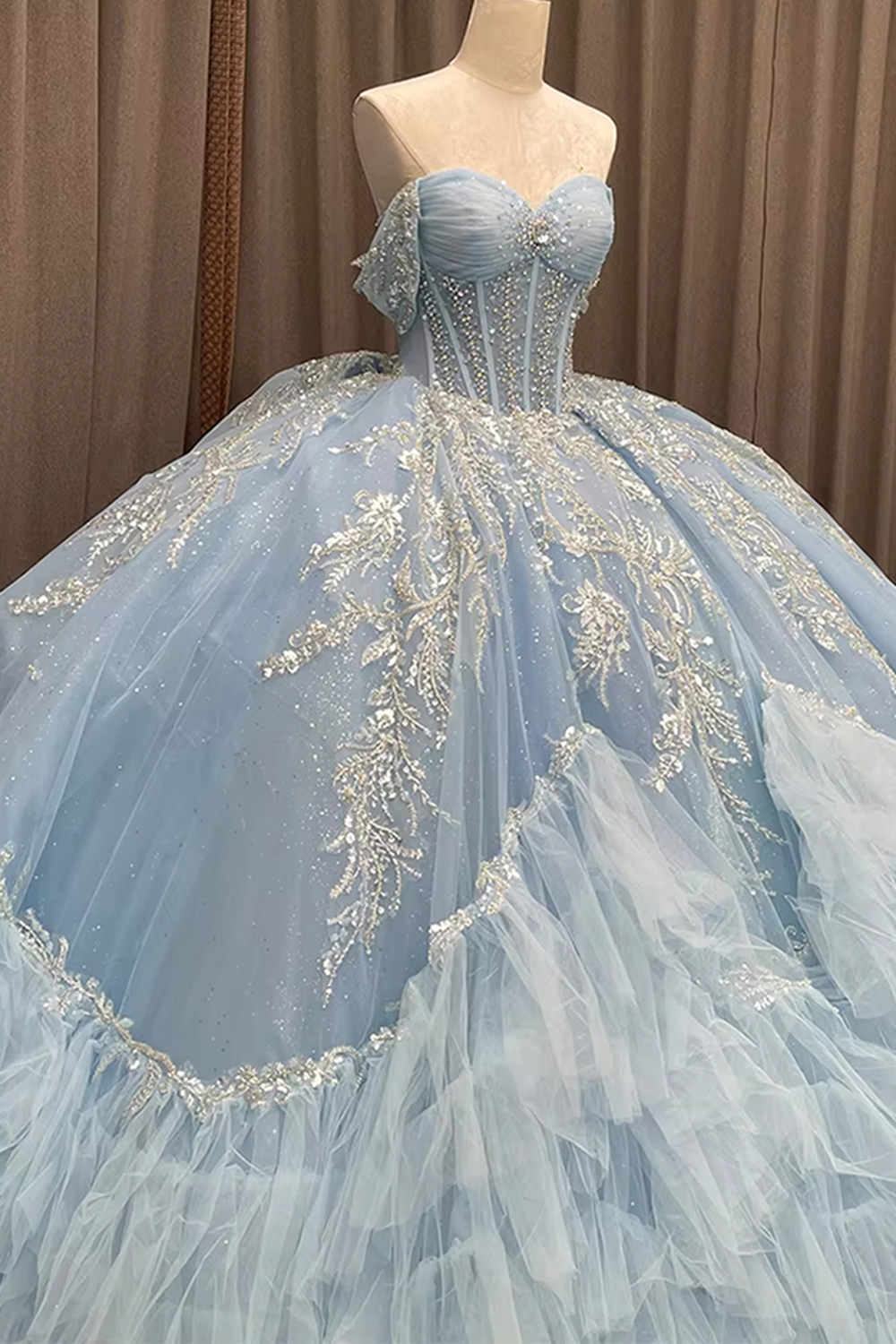Sparkly Light Blue Corset Beaded Long Off the Shoulder Quinceanera Dress with Appliques