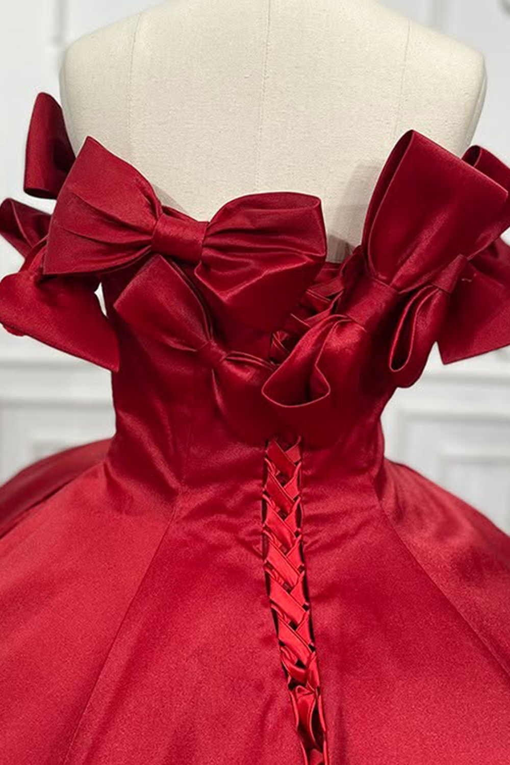 Dark Red Ball Gown Off the Shoulder Long Quinceanera Dress with Bows