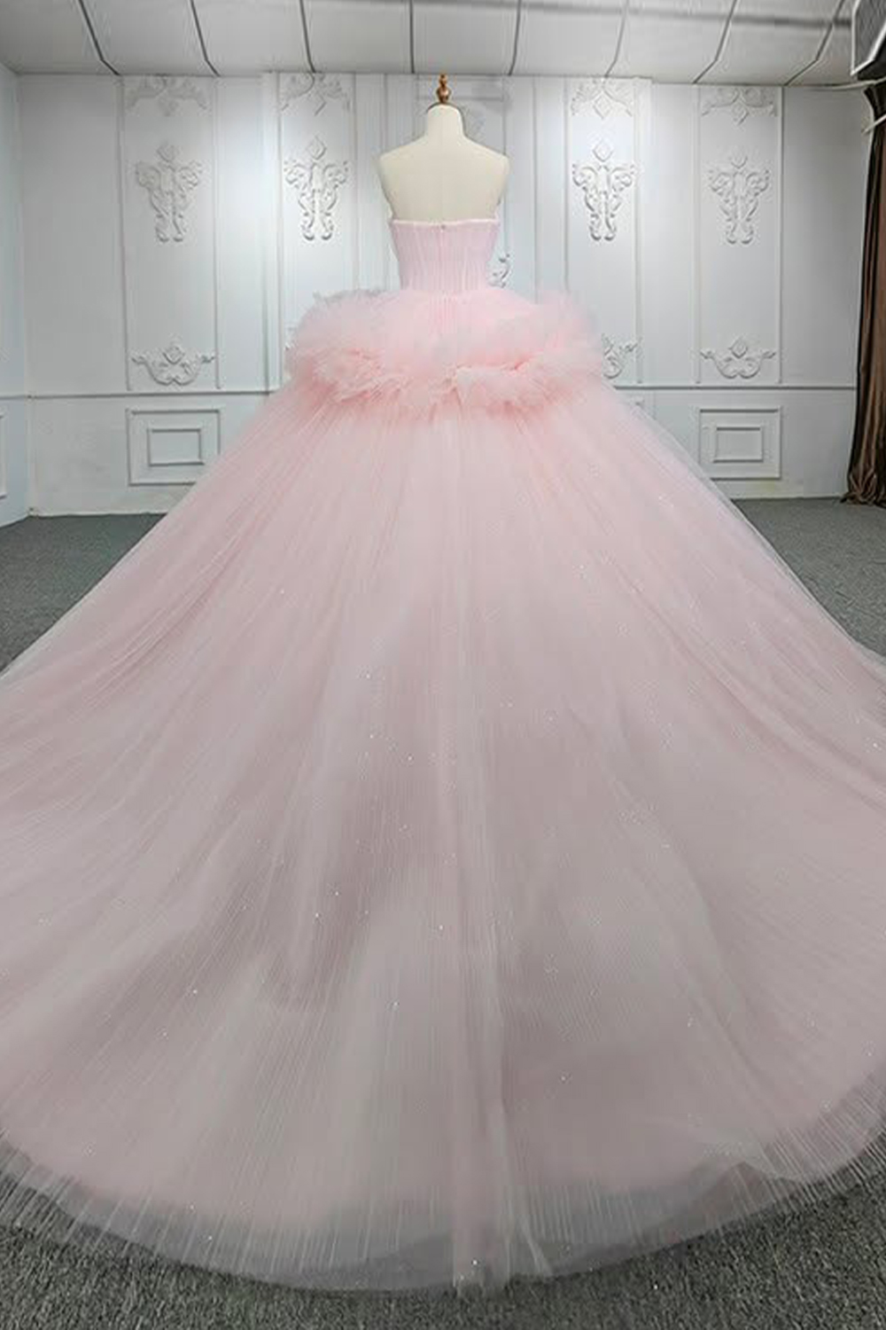 Glitter Pink Ruffled Tulle Sweethear Long Corset Quinceanera Dress