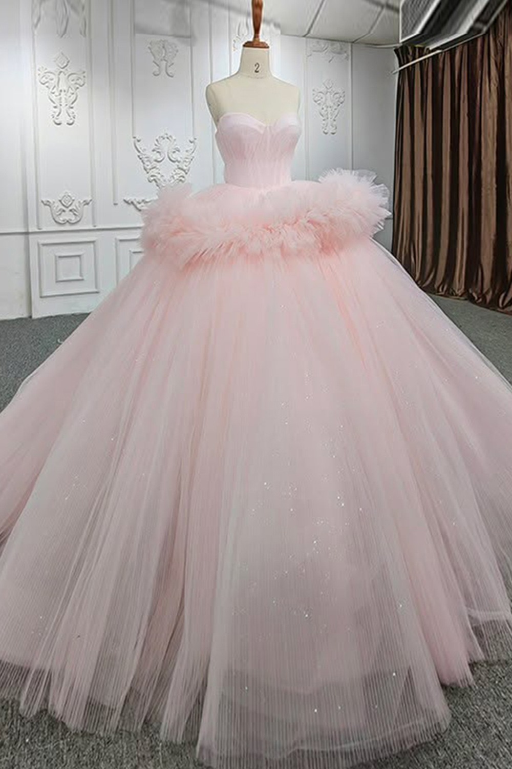 Glitter Pink Ruffled Tulle Sweethear Long Corset Quinceanera Dress
