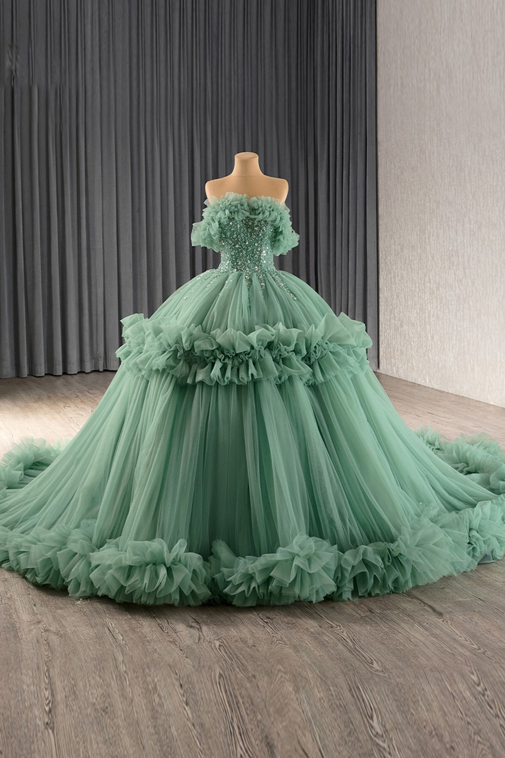 Sparkly Dusty Sage Off the Shoulder Ruffled Tulle Sweethear Long Quinceanera Dress with Beading